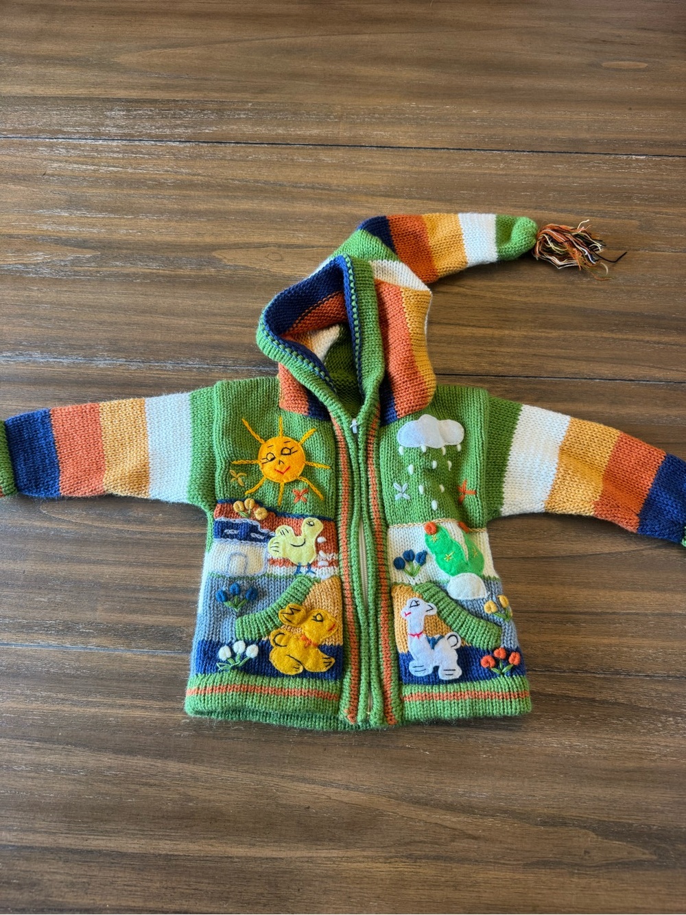Alpaca Yarn Colorful Striped Kids Hooded Sweater Jacket with Animal Appliqués